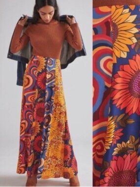 Farm Rio x Anthropologie Floral Maxi Skirt  Medium  Boho Retro Print